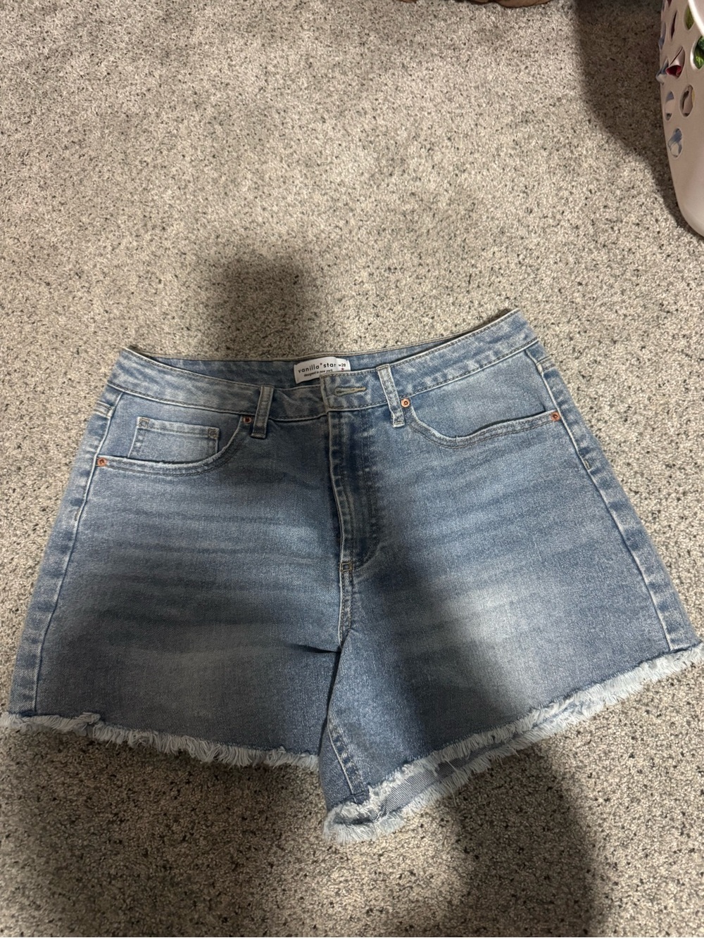 Vanilla Star Light Blue Frayed Hem Denim Shorts